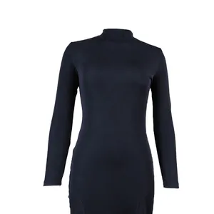 Detailed view of a black mock neck long sleeve ribbed dress with double slit design