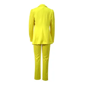 Detailed back view of a vibrant yellow long sleeve blazer and casual trousers suit set