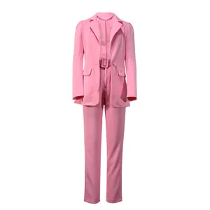 Elegant pink women's two-piece blazer and trousers suit set with matching belt