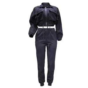 Two-piece black loose-fit women's sports set with cropped jacket and joggers