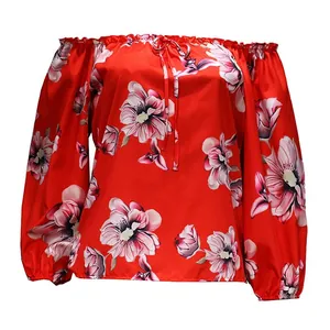 Floral print off-the-shoulder long sleeve blouse with ruffled neckline and drawstring tie