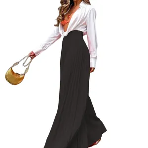 Elegante schwarze Plissee-Hose mit hohem Bund und weitem Bein für modebewusste Damen