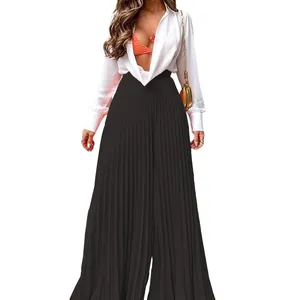 Elegante schwarze Plissee-Hose mit weitem Bein für Damen, fließender herbstlicher Stil