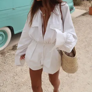 Elegant white solid color loose cotton linen long sleeve jumpsuit romper for women