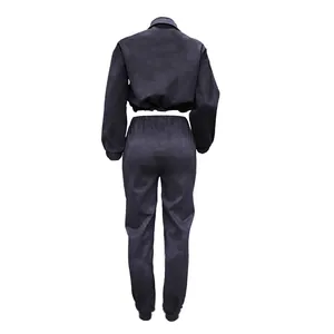 Back view of a casual black two-piece sporty set with cropped top and joggers