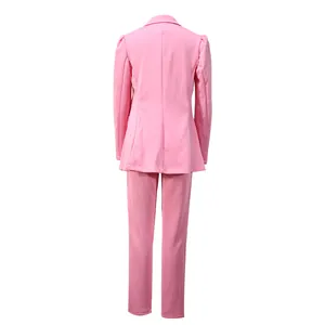 Detailed back view of stylish women's professional pink two-piece blazer and pants set
