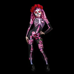 Detailed view of women's Halloween skeleton jumpsuit with pink floral prints