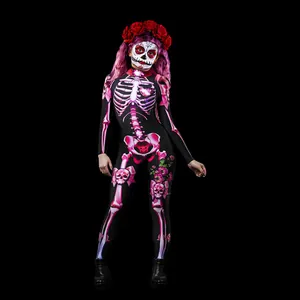 Detailed view of vibrant Halloween pink skeleton jumpsuit with sugar skull design