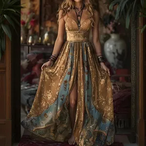 Full-length view of summer vintage print maxi dress with gold floral patterns and straps