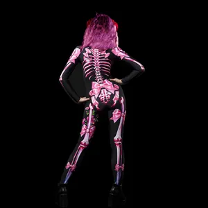 Back view of women's Halloween scary skeleton jumpsuit with pink bows decoration