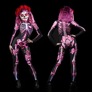 Detailed front and back view of women's Halloween skeleton jumpsuit with pink floral bows