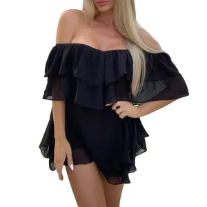 Mini abito sexy in chiffon nero con spalle scoperte e dettagli a balze estive
