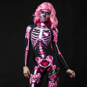 Women's pink skeleton bodysuit for Halloween party with floral patterns and skull art
