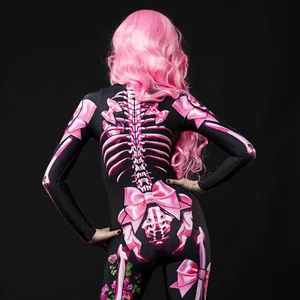 Back view of pink skeleton print bodysuit with bow details for Halloween parties