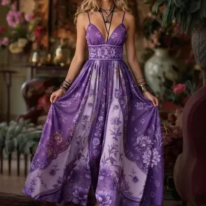 Detail view of an elegant purple floral printed maxi dress featuring a flowy skirt