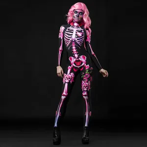 Full body view of a women's pink skeleton print jumpsuit Halloween costume.