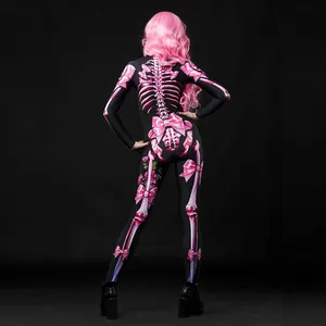 Rear view of women's Halloween skeleton jumpsuit with pink bows and floral print