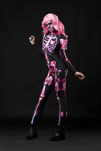 Full-body view of women's Halloween jumpsuit with pink skeleton and floral design
