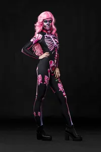 Women's pink skeleton Halloween bodysuit jumpsuit with vibrant full body graphic print