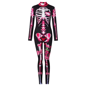 Detailed view of the pink floral skeleton print on this black Halloween jumpsuit.