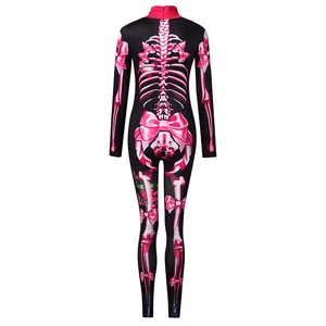 High-quality back view of a women's skeleton bodysuit with pink bows and floral details