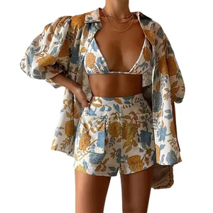 3-teiliges Sommer-Set für Damen mit Blumenprint-Hemd, Bikini-Top und Shorts