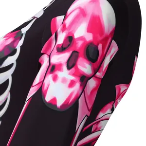 Close-up detail of vibrant pink skull print on black fabric for Halloween jumpsuit costume