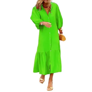 Detailed front view of vibrant lime green loose puff sleeve midi vacation dress for women