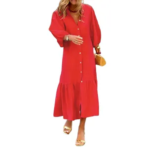 Elegant red midi dress with lantern sleeves and button front for women's vacation style.