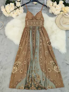 Detailed view of a vintage floral print backless maxi dress with spaghetti straps