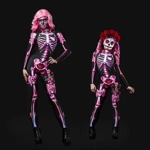 Halloween Skeleton Pink Flower Printed Jumpsuit For Women And Kids Polyester Slim Fit Horror Cosplay Costume Party Outfit