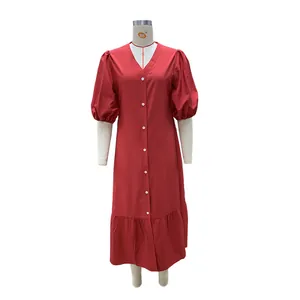 Elegant red puff sleeve midi dress featuring a V-neck and button-down front detail.