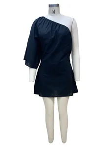 Full view detail of a chic black one-shoulder cotton linen mini dress on mannequin