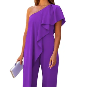 Elegant purple one-shoulder jumpsuit with ruffled detail for a stylish summer look.