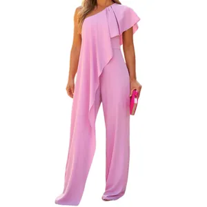 Elegant pink one-shoulder wide-leg jumpsuit with dramatic ruffle detail for summer 2025