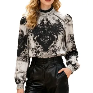 Elegant French vintage court style printed blouse with lantern sleeves and stand collar