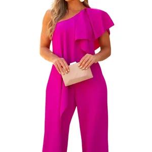 Elegant magenta one-shoulder jumpsuit with ruffle sleeve detail and wide leg trousers.