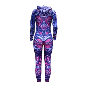 Rückansicht eines bedruckten Halloween-Zombie-Overalls mit Kapuze für Damen Kleidung