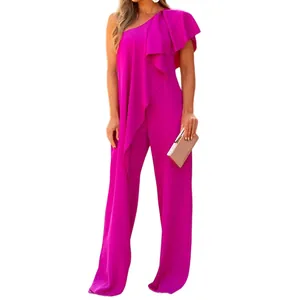 Vibrant fuchsia one-shoulder jumpsuit with elegant ruffles and wide-leg design
