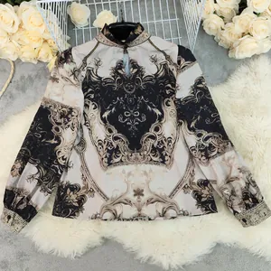 Detailed macro view of French vintage court style printed blouse with lantern sleeves
