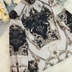 Detailed macro view of French vintage court style pattern on elegant stand collar blouse