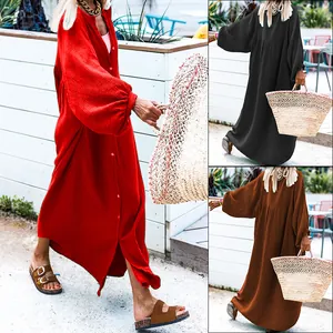 Women Maxi Dress Long Sleeve Button Down Cardigan Dress Loose Fit Resort Style Solid Color Seersucker Fabric Textured Dress