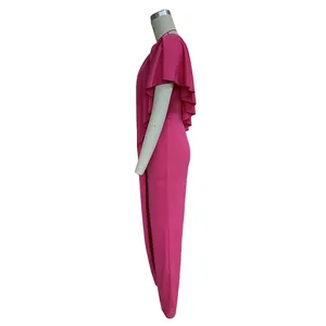 Side view detail of vibrant fuchsia one-shoulder jumpsuit with layered ruffled sleeves