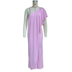Detailed front view of a pink one-shoulder draped long jumpsuit displayed on a mannequin