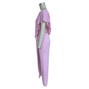 Detailed side view of pink off-shoulder jumpsuit featuring layered ruffle sleeves