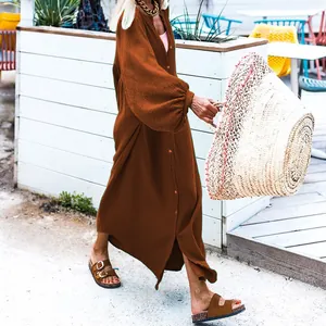 Casual brown waffle texture maxi dress with loose long sleeves for resort wear