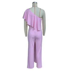 Detailed back view of a pink one-shoulder ruffled jumpsuit for women with wide leg design