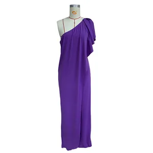 Detailed front view of a purple one-shoulder loose-fit long jumpsuit on a mannequin