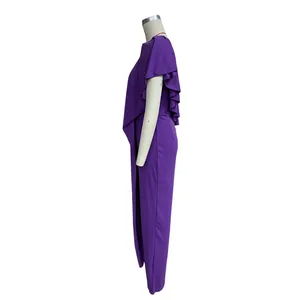 Side profile view showing the ruffled shoulder detail of this purple one-shoulder jumpsuit