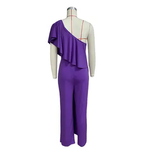 Detailed back view of a vibrant purple one-shoulder jumpsuit with elegant ruffle ruffles